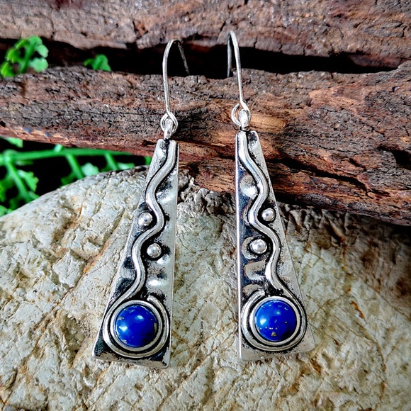 Metal Silver Boho Inlaid Blue Stone Drop Earrings - Picture 3 of 7